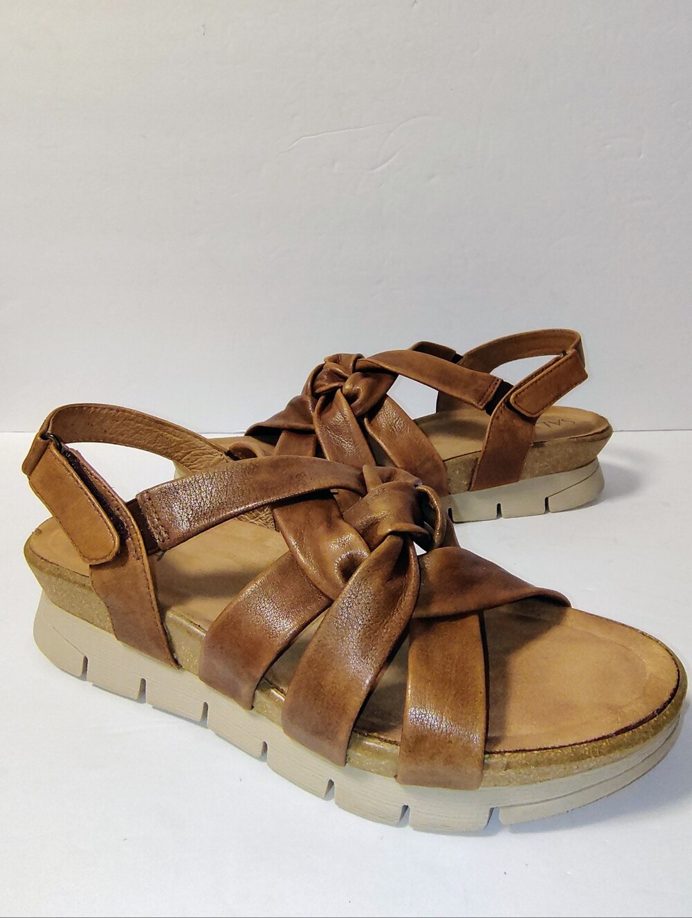 Salvia Birch Women's Genuine Leather Knotted Slingback Cork Platform Sandals Tan